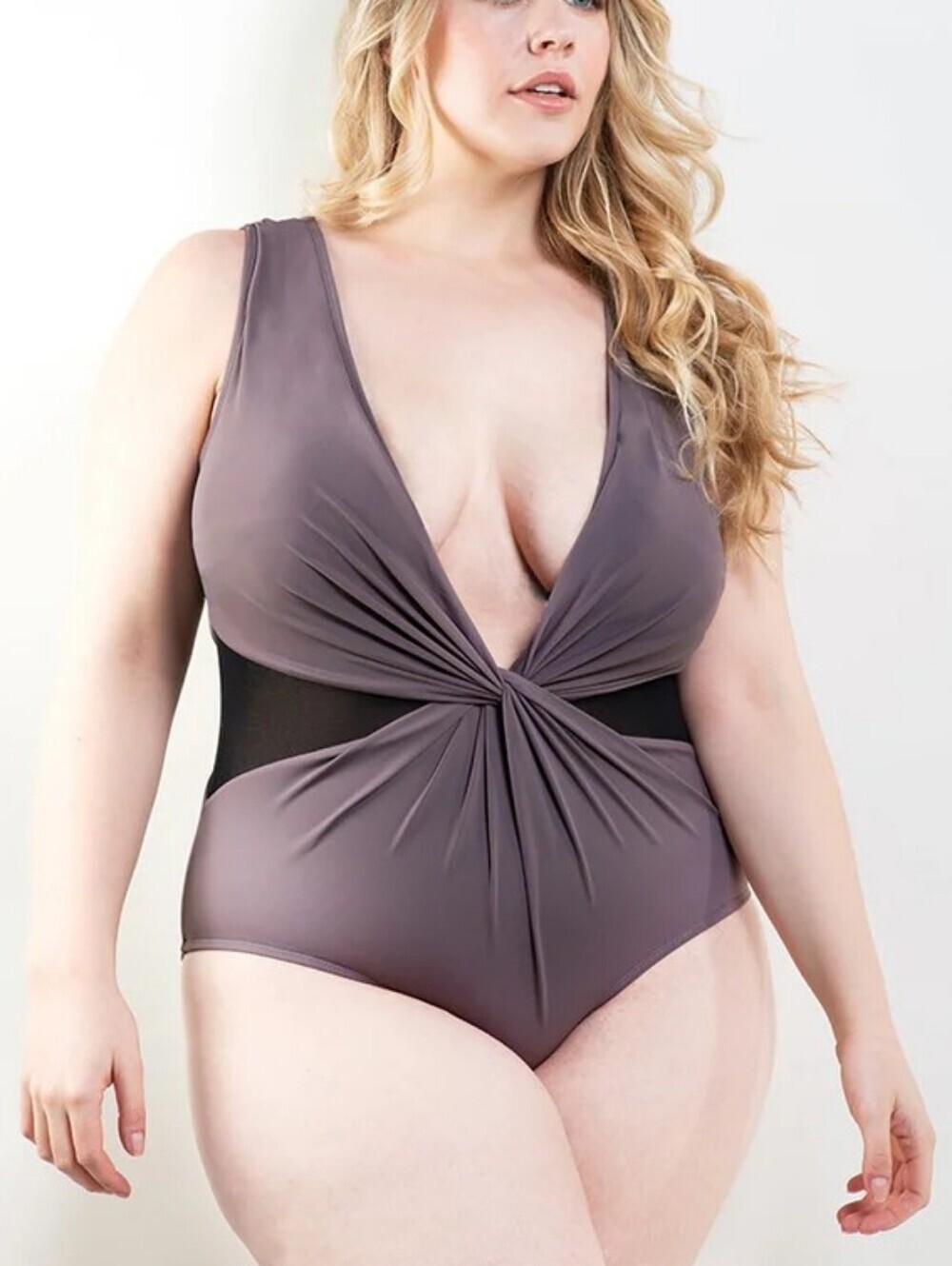 NWT Akoya Harriet Knotted Plunge One Piece Swim Suit Purple w Mesh Plus Size 1X
